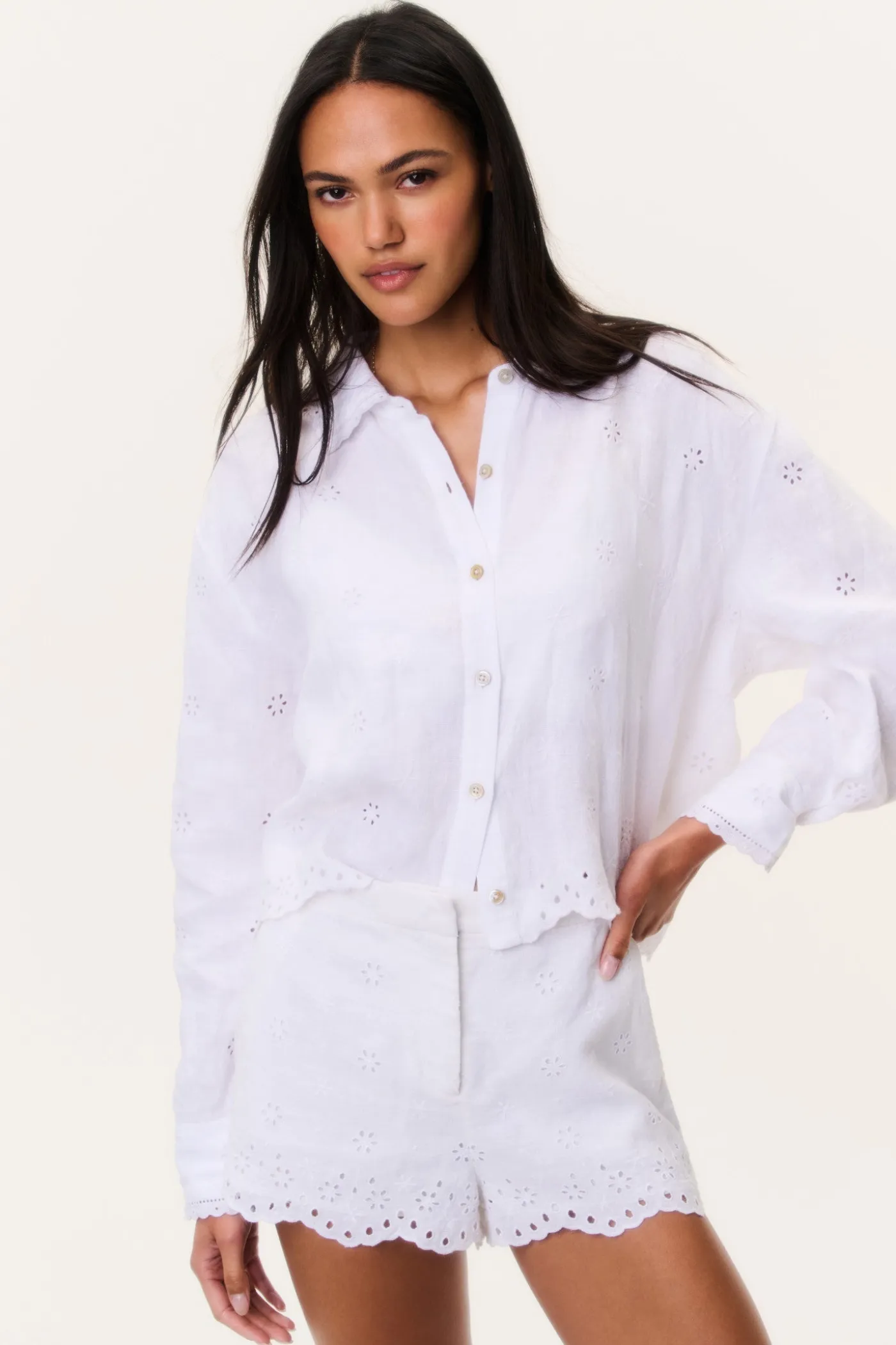 Delano Eyelet Linen Button-Up Top