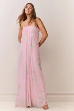 Emara Strapless Floral Chiffon Gown