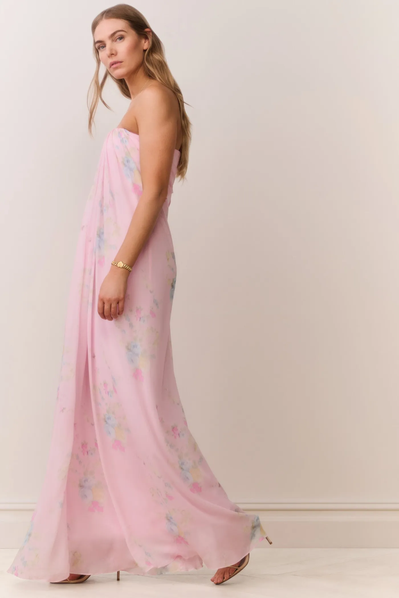 Emara Strapless Floral Chiffon Gown