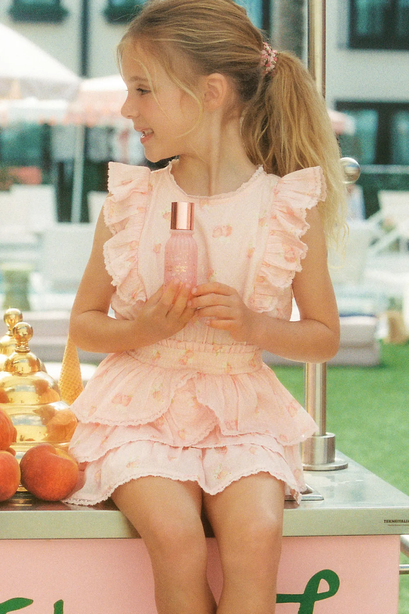 Little Girls Peach Pom Pom Decker Dress